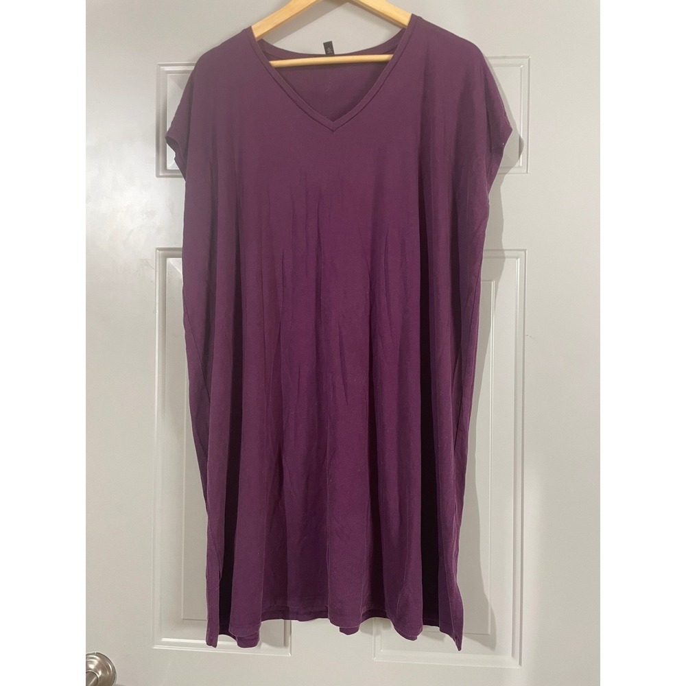 Eileen Fisher T-Shirt Dress Womens Large Purple Good V-Neck Tencel Lyocell Blend